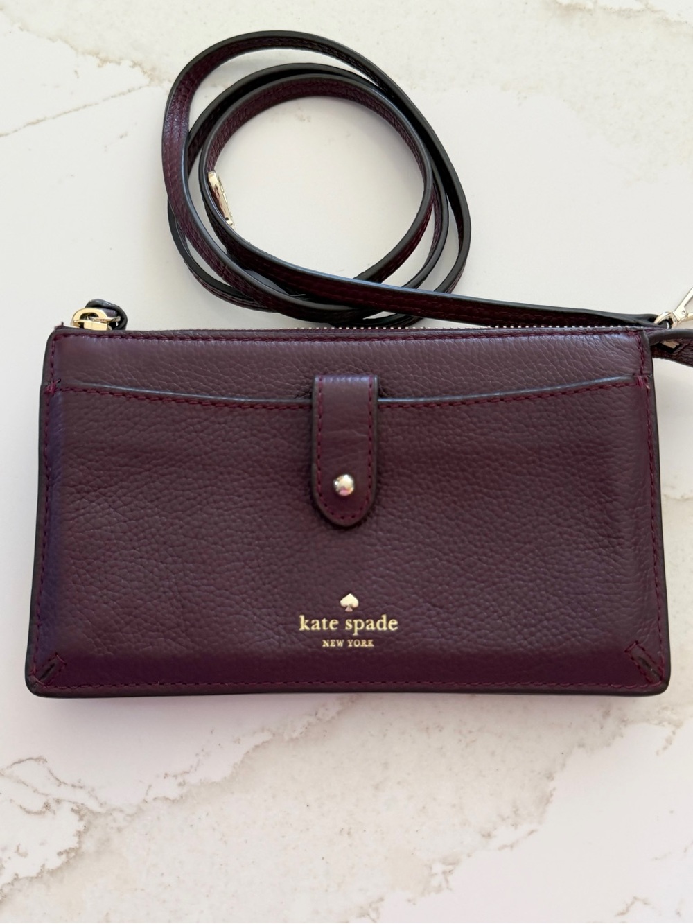 Kate Spade Plum Burgundy Pebbled Leather Crossbody Wallet 8.5x5